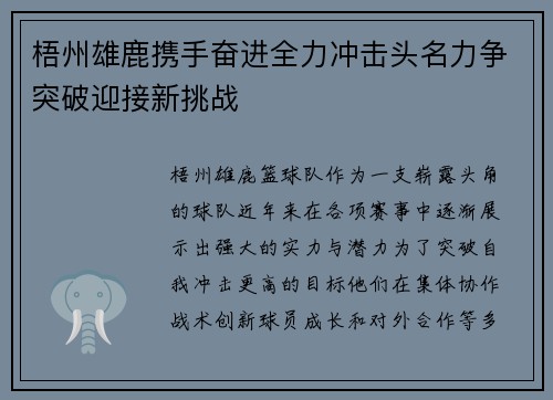 梧州雄鹿携手奋进全力冲击头名力争突破迎接新挑战