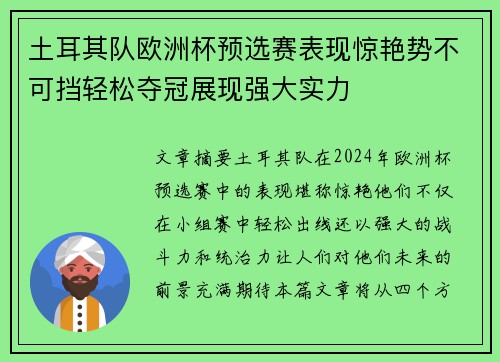 土耳其队欧洲杯预选赛表现惊艳势不可挡轻松夺冠展现强大实力