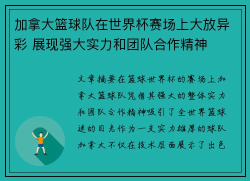 加拿大篮球队在世界杯赛场上大放异彩 展现强大实力和团队合作精神