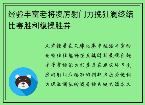经验丰富老将凌厉射门力挽狂澜终结比赛胜利稳操胜券