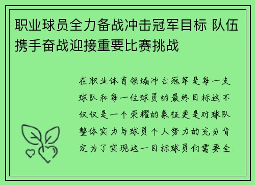 职业球员全力备战冲击冠军目标 队伍携手奋战迎接重要比赛挑战