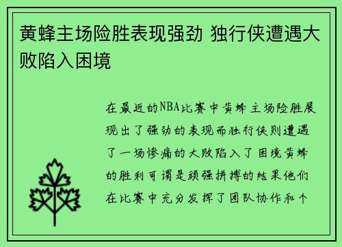 黄蜂主场险胜表现强劲 独行侠遭遇大败陷入困境